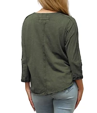 Karyn Seo Lanna Tonal Embroidered Button V-Neck Henley 3/4 Dolman Sleeve Top