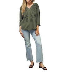 Karyn Seo Lanna Tonal Embroidered Button V-Neck Henley 3/4 Dolman Sleeve Top