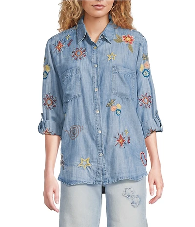 Karyn Seo Lil Chambray Doodle Embroidered Long Sleeve Button Front Shirt