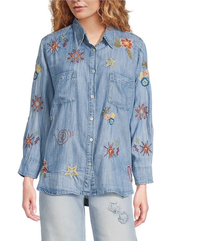 Karyn Seo Lil Chambray Doodle Embroidered Long Sleeve Button Front Shirt