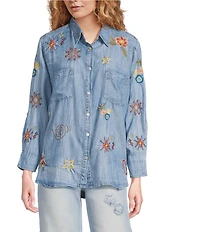 Karyn Seo Lil Chambray Doodle Embroidered Long Sleeve Button Front Shirt