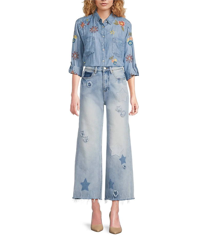Karyn Seo Lil Chambray Doodle Embroidered Long Sleeve Button Front Shirt