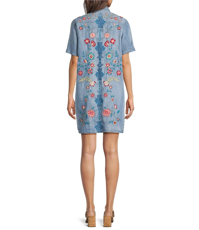 Karyn Seo Isa Denim Chambray Vintage Inspired Embroidered Point Collar 3/4 Roll-Tab Sleeve Button Front Dress at CoolSprings Galleria in Franklin, TN