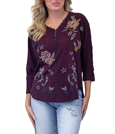 Karyn Seo Mally Vintage Inspired Embroidered V-Neck 3/4 Dolman Sleeve Top
