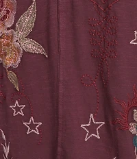 Karyn Seo Mally Vintage Inspired Embroidered V-Neck 3/4 Dolman Sleeve Top