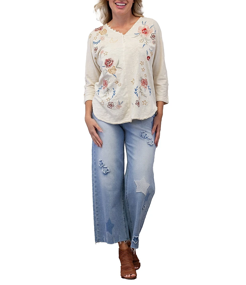 Karyn Seo Mally Vintage Inspired Embroidered V-Neck 3/4 Dolman Sleeve Top