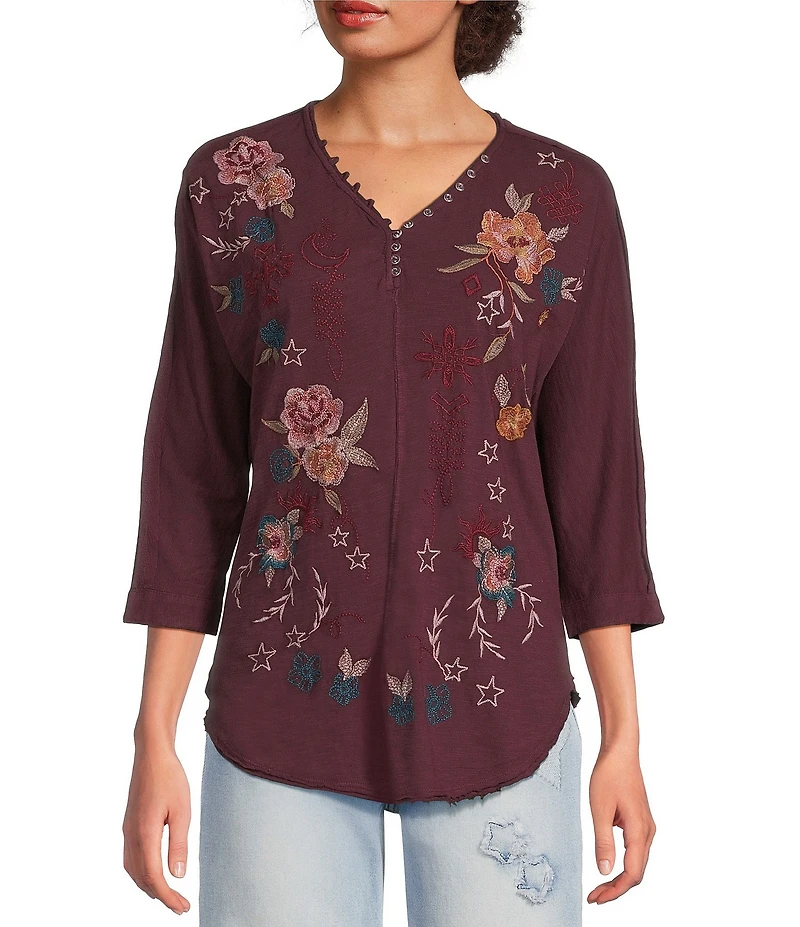 Karyn Seo Mally Vintage Inspired Embroidered V-Neck 3/4 Dolman Sleeve Top