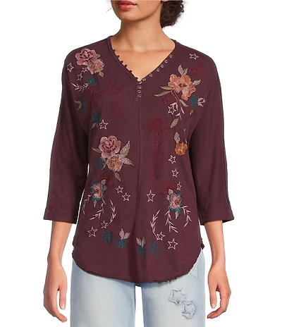 Karyn Seo Mally Vintage Inspired Embroidered V-Neck 3/4 Dolman Sleeve Top