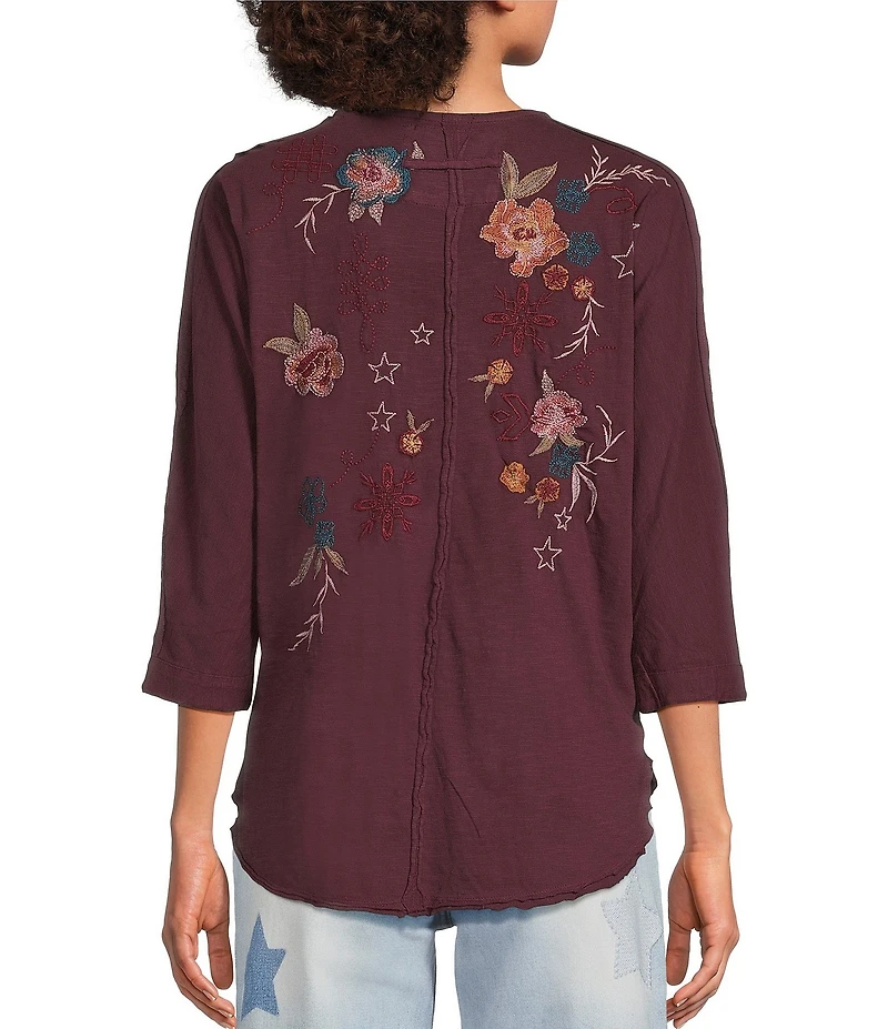 Karyn Seo Mally Vintage Inspired Embroidered V-Neck 3/4 Dolman Sleeve Top