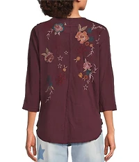 Karyn Seo Mally Vintage Inspired Embroidered V-Neck 3/4 Dolman Sleeve Top