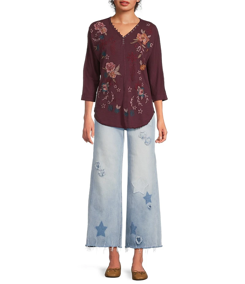 Karyn Seo Mally Vintage Inspired Embroidered V-Neck 3/4 Dolman Sleeve Top