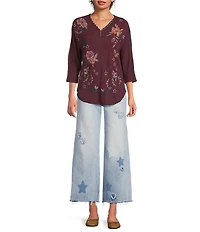 Karyn Seo Mally Vintage Inspired Embroidered V-Neck 3/4 Dolman Sleeve Top