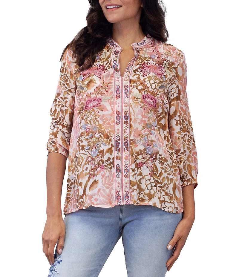 Karyn Seo Maria Floral Print Embroidered Notch V-Neck 3/4 Sleeve Top