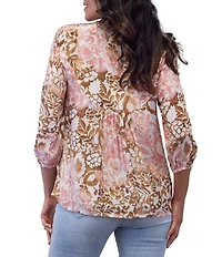 Karyn Seo Maria Floral Print Embroidered Notch V-Neck 3/4 Sleeve Top