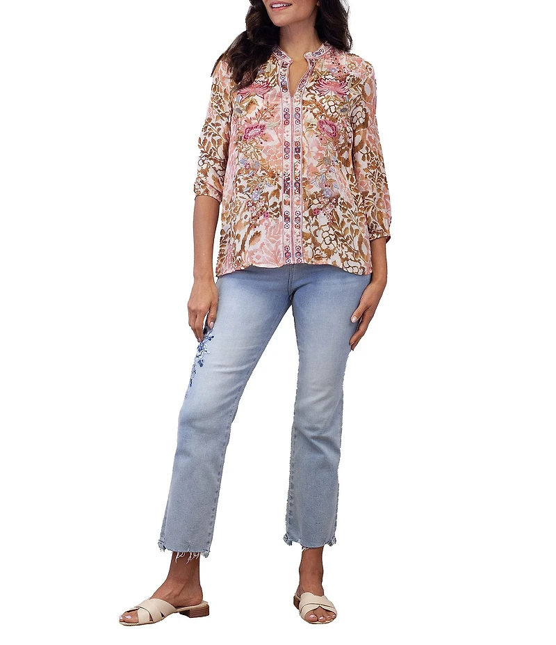 Karyn Seo Maria Floral Print Embroidered Notch V-Neck 3/4 Sleeve Top