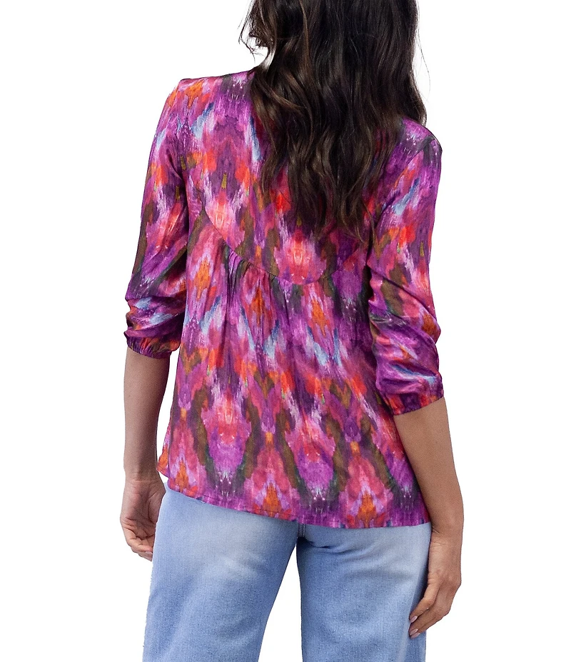 Karyn Seo Maria Floral Print Embroidered Notch V-Neck 3/4 Sleeve Top