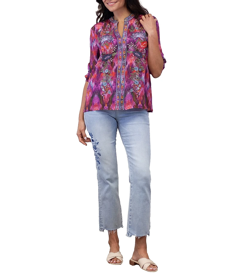 Karyn Seo Maria Floral Print Embroidered Notch V-Neck 3/4 Sleeve Top