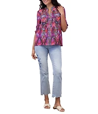 Karyn Seo Maria Floral Print Embroidered Notch V-Neck 3/4 Sleeve Top