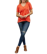 Karyn Seo Marya Geometric Floral Embroidered V-Neck Short Sleeve Top