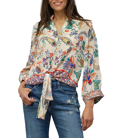 Karyn Seo Mosi Vintage Boho-Inspired Point Collar 3/4 Sleeve Tie Front Shirt