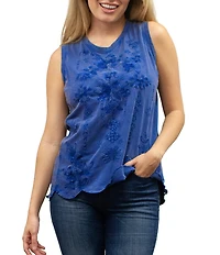 Karyn Seo Nell Tonal Embroidered Floral Motif Round Neck Sleeveless Tank