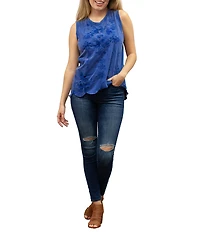 Karyn Seo Nell Tonal Embroidered Floral Motif Round Neck Sleeveless Tank