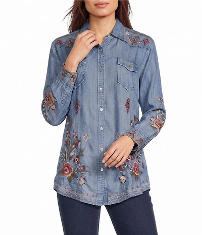 Karyn Seo Olivia Woven Boho Floral Embroidered Point Collar Long Sleeve Shirt