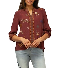 Karyn Seo Rae Doodle Embroidered Notch V-Neck 3/4 Sleeve Blouse