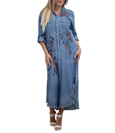 Karyn Seo Savina Woven Floral Embroidery Spread Collar Long Sleeve Shirt Dress