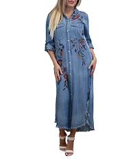 Karyn Seo Savina Woven Floral Embroidery Spread Collar Long Sleeve Shirt Dress