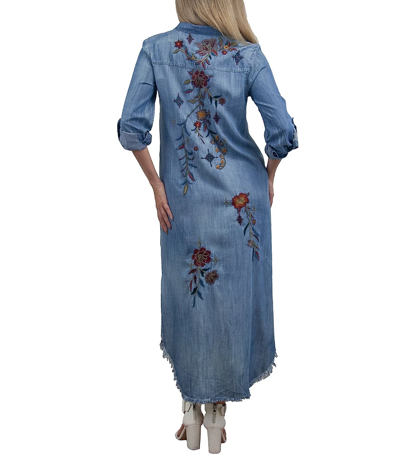 Karyn Seo Savina Woven Floral Embroidery Spread Collar Long Sleeve Shirt Dress