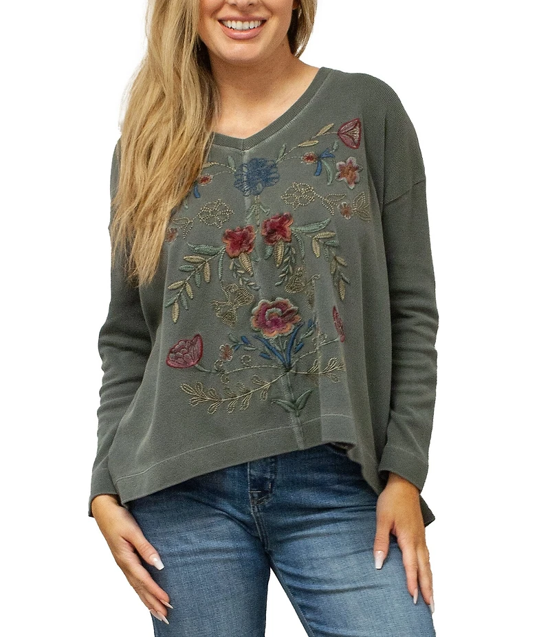 Karyn Seo Sena Waffle Knit Vintage Embroidered V-Neck Long Sleeve Top