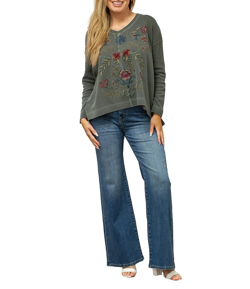 Karyn Seo Sena Waffle Knit Vintage Embroidered V-Neck Long Sleeve Top