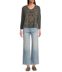 Karyn Seo Sena Waffle Knit Vintage Embroidered V-Neck Long Sleeve Top