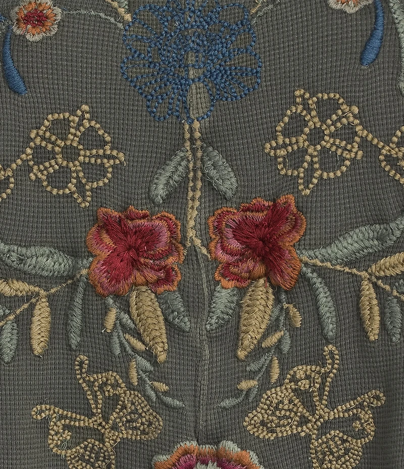 Karyn Seo Sena Waffle Knit Vintage Embroidered V-Neck Long Sleeve Top