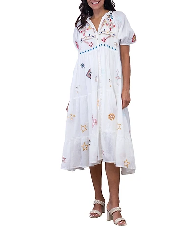 Karyn Seo Shay Boho-Inspired Geometric Embroidered V-Neck Short Puff Sleeve Babydoll Dress