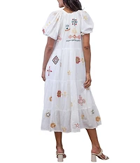 Karyn Seo Shay Boho-Inspired Geometric Embroidered V-Neck Short Puff Sleeve Babydoll Dress