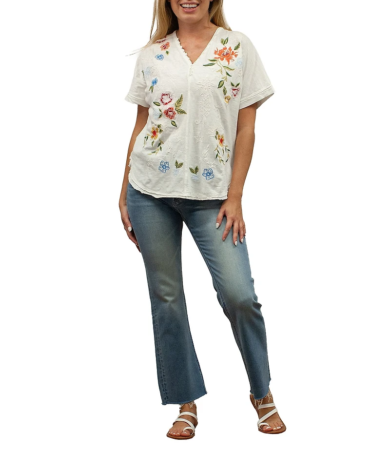 Karyn Seo Tessa Floral Embroidered Button V-Neck Dolman Short Sleeve Tee