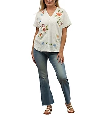 Karyn Seo Tessa Floral Embroidered Button V-Neck Dolman Short Sleeve Tee