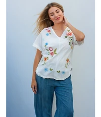 Karyn Seo Tessa Floral Embroidered Button V-Neck Dolman Short Sleeve Tee