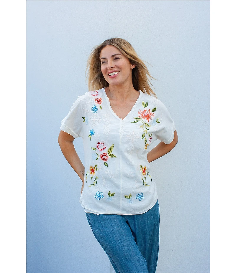 Karyn Seo Tessa Floral Embroidered Button V-Neck Dolman Short Sleeve Tee