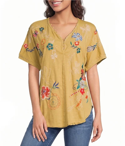 Karyn Seo Tessa Knit Vintage Inspired Embroidered V-Neck Short Dolman Sleeve Tee