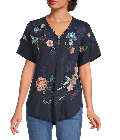 Karyn Seo Tessa Knit Vintage Inspired Embroidered V-Neck Short Dolman Sleeve Tee