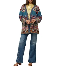 Karyn Seo Wool Blend Benita Bohemian Abstract Geometric Long Sleeve Open Front Cardigan