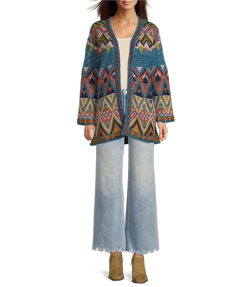 Karyn Seo Wool Blend Benita Bohemian Abstract Geometric Long Sleeve Open Front Cardigan