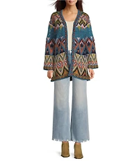 Karyn Seo Wool Blend Benita Bohemian Abstract Geometric Long Sleeve Open Front Cardigan