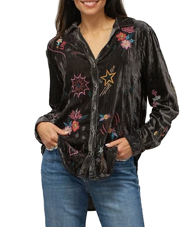 Karyn Seo Wrenley Crinkled Velvet Doodle Embroidered Point Collar Long Sleeve Button Front Shirt