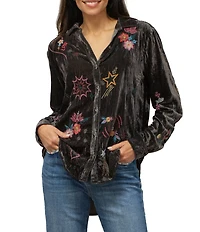 Karyn Seo Wrenley Crinkled Velvet Doodle Embroidered Point Collar Long Sleeve Button Front Shirt