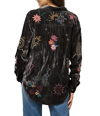 Karyn Seo Wrenley Crinkled Velvet Doodle Embroidered Point Collar Long Sleeve Button Front Shirt