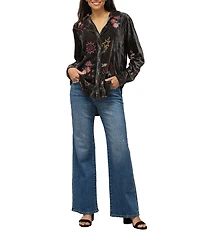 Karyn Seo Wrenley Crinkled Velvet Doodle Embroidered Point Collar Long Sleeve Button Front Shirt